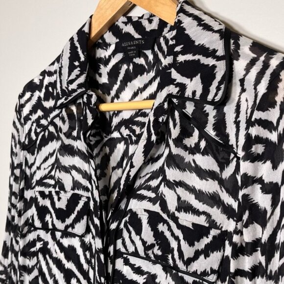 All Saints Ester Remix Zebra Animal Print Sheer Black White Womens Shirt - Picture 2 of 10